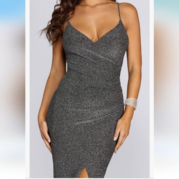 NEW Formal Metallic Wrap Dress, Sparkling Spaghetti-Strap Evening Dress Size XS - Picture 3 of 6